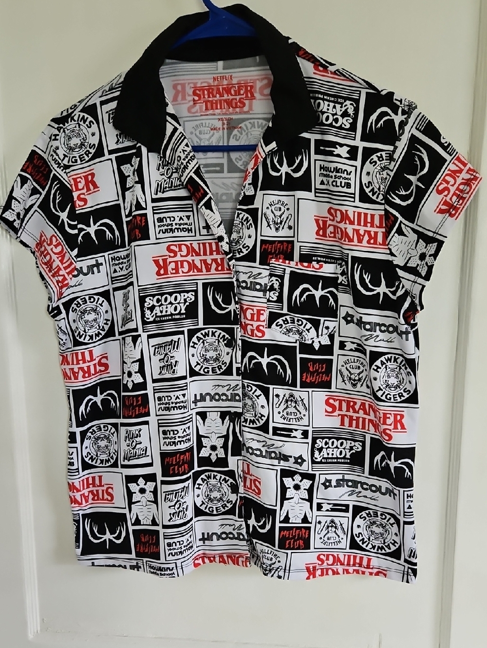 Netflix Stranger Things Black White Red Logo Button-Front Sleepwear Top